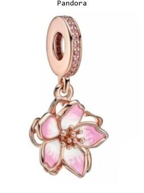 Rose Gold Plated Cherry Blossom Dangle Charm Fits Pandora Charm Bracelets